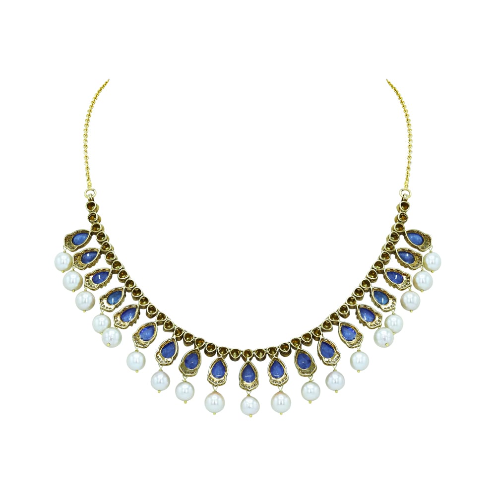 Tanzanite Necklace Set with Polki Diamonds and Pearl Drops